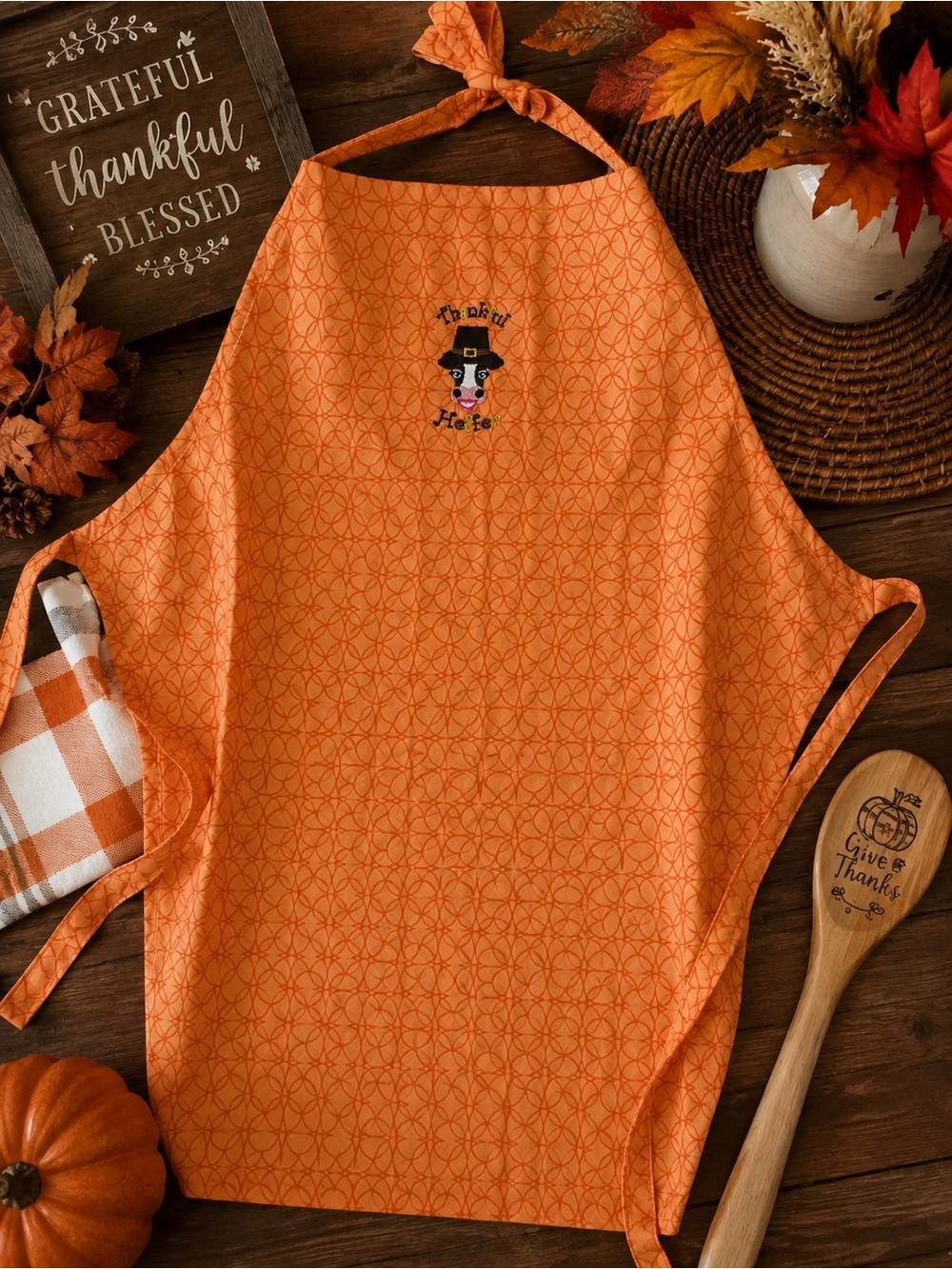 Autumn Orange Thanksgiving Apron with Pilgrim Cow Embroidery